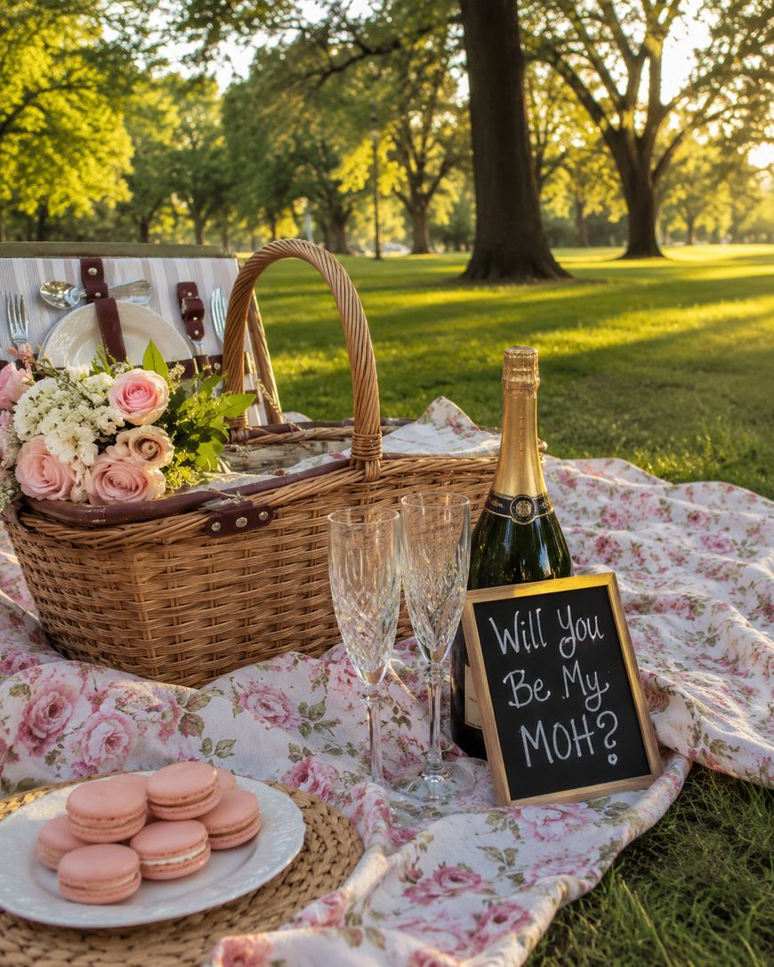 A picnic setup on grass with a basket of flowers, plates, macarons, four champagne flutes, a bottle of champagne, and a small chalkboard sign reading Will you be my MOH? on a floral blanket, with trees in the background.