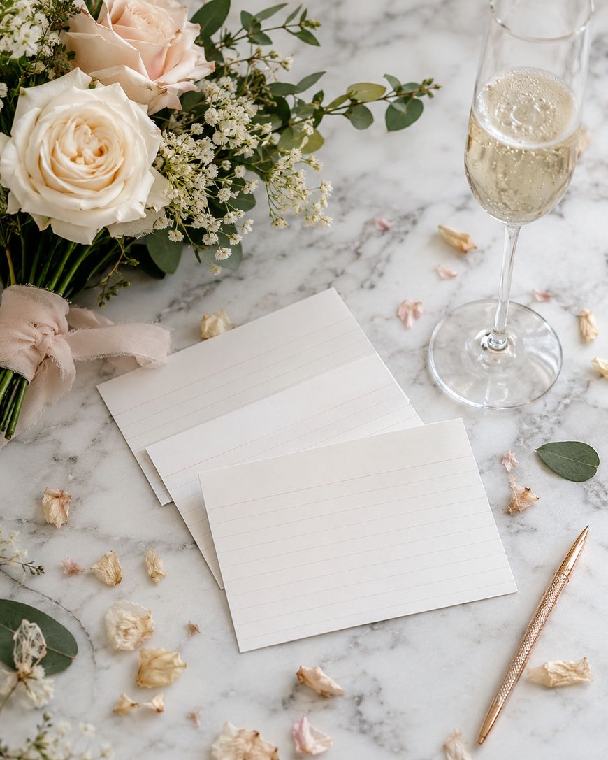 A flat lay of two blank lined cards on a marble surface, surrounded by scattered flower petals, a bouquet of roses, a gold pen, and a glass of champagne.