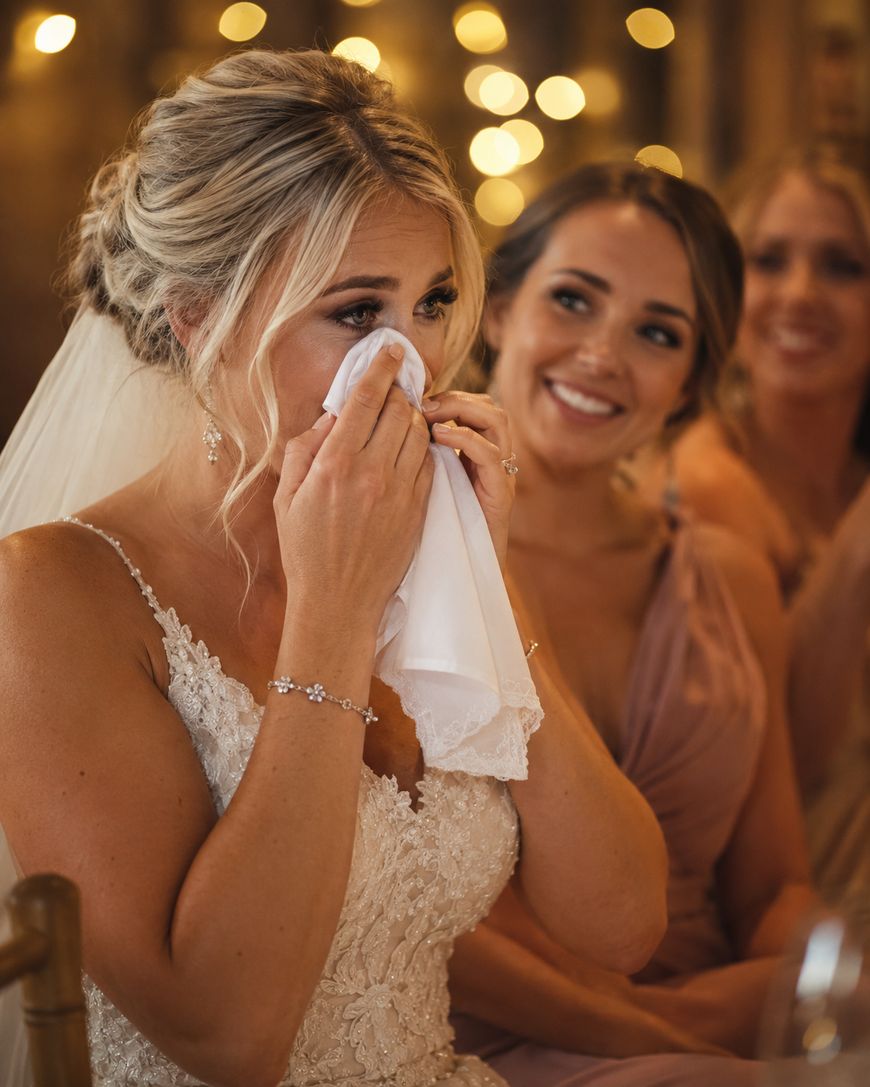 A bride in a white lace dress wipes tears with a handkerchief, looking emotional. Bridesmaids in pink dresses sit beside her, one smiling warmly. Soft lights create a warm, festive atmosphere in the background.