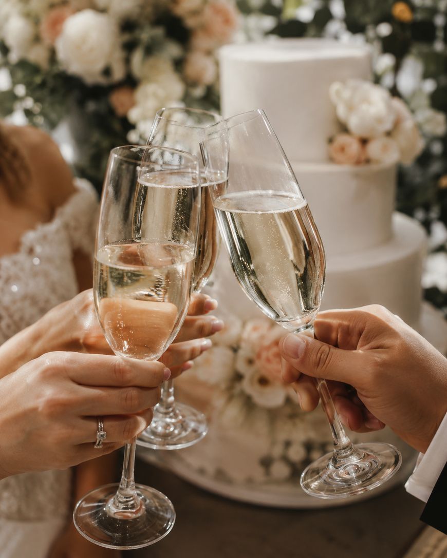 Three people clink champagne glasses in a celebratory toast, with a white, floral-decorated wedding cake and flowers in the blurred background. One person is wearing a wedding dress and an engagement ring.