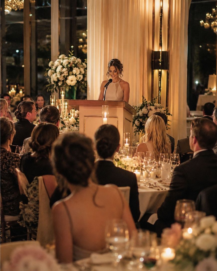 A woman in a white dress stands at a podium giving a speech at a formal event, surrounded by guests seated at candlelit tables with elegant floral arrangements and soft lighting.