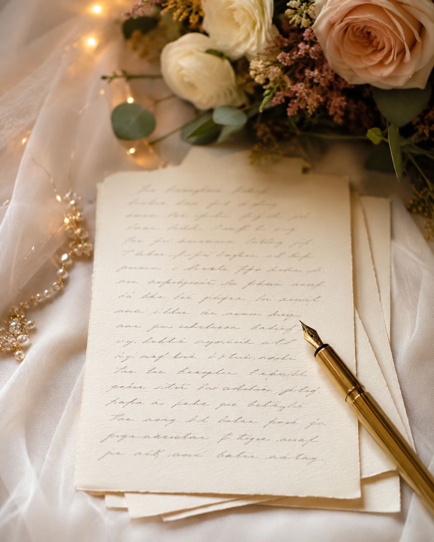 A gold fountain pen rests on handwritten letters on cream paper, surrounded by a bouquet of pale roses and greenery, sheer fabric, pearls, and soft fairy lights.