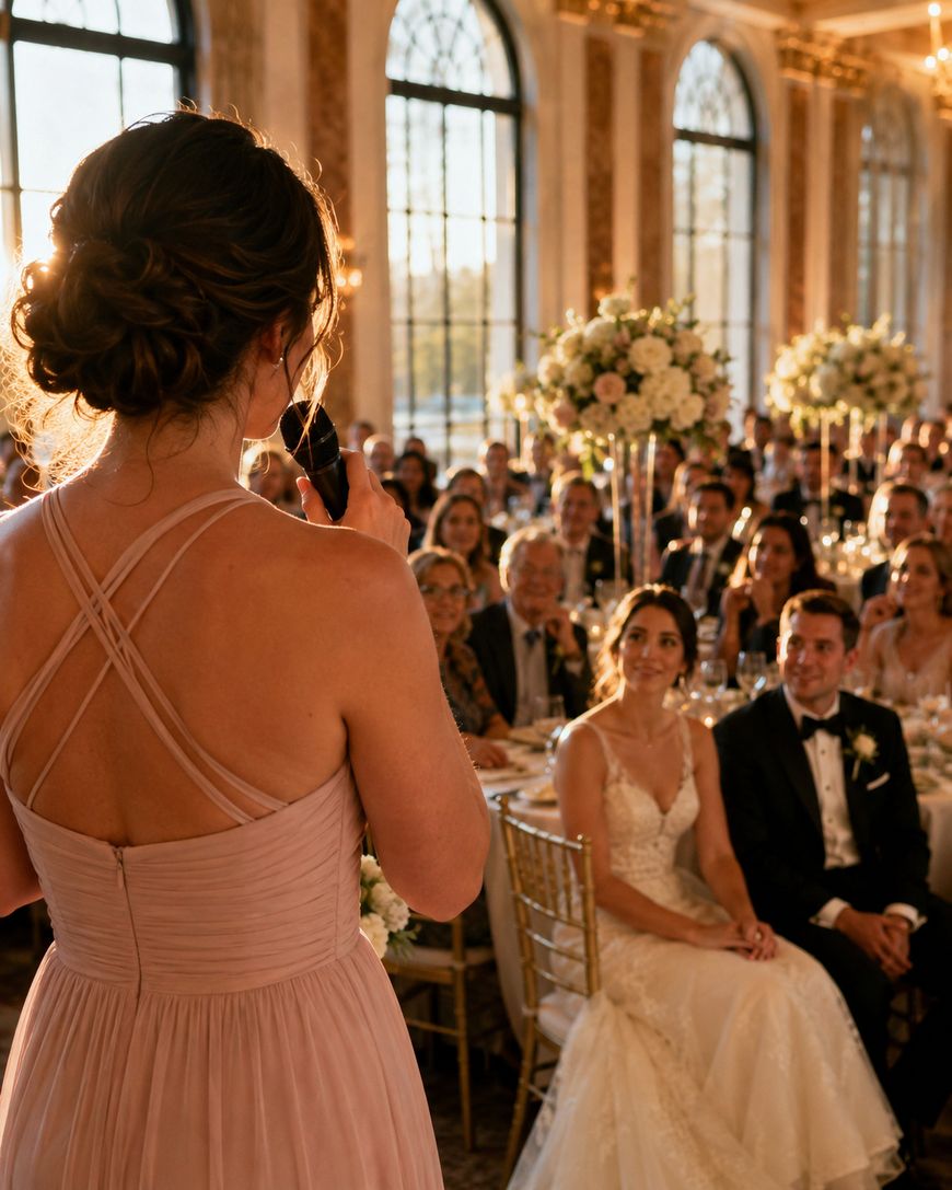A woman in a pink dress gives a speech with a microphone at a wedding reception, while the bride and groom sit and listen surrounded by guests in a decorated, elegant hall with large windows and floral centerpieces.