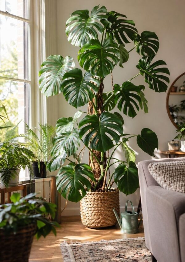 Tall monstera plant in a woven basket sits by a large window in a bright, cozy living room with other potted plants. Perfect for those following a Monstera guide, sunlight fills the space near the gray sofa, watering can, and round mirror.