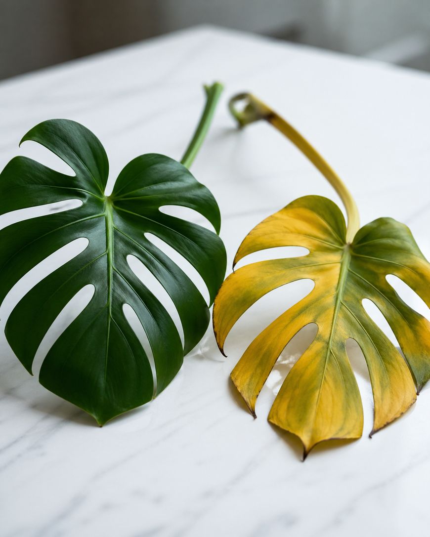 Two Monstera leaves lying on a white marble surface; one is healthy, vibrant green, and the other is yellowing with brown edges, showing signs of aging or stress.