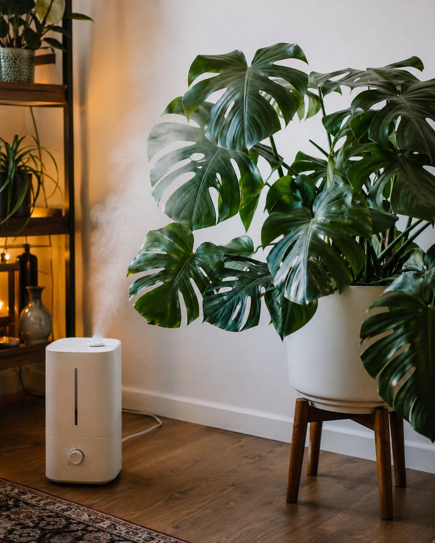A large monstera plant in a white pot on a wooden stand sits next to a white humidifier emitting mist in a cozy, well-lit room with wooden floors and other plants on a shelf.