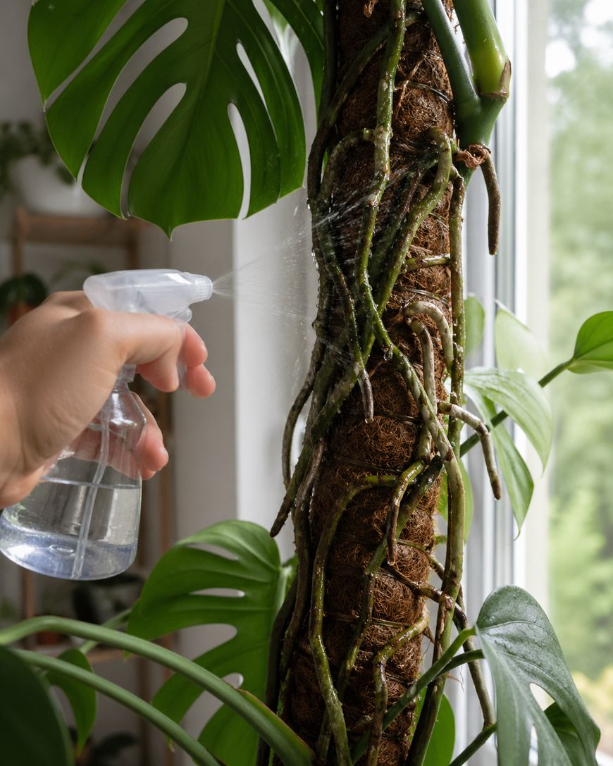 A hand sprays water from a clear spray bottle onto the aerial roots and moss pole of a large Monstera plant near a window with natural light.