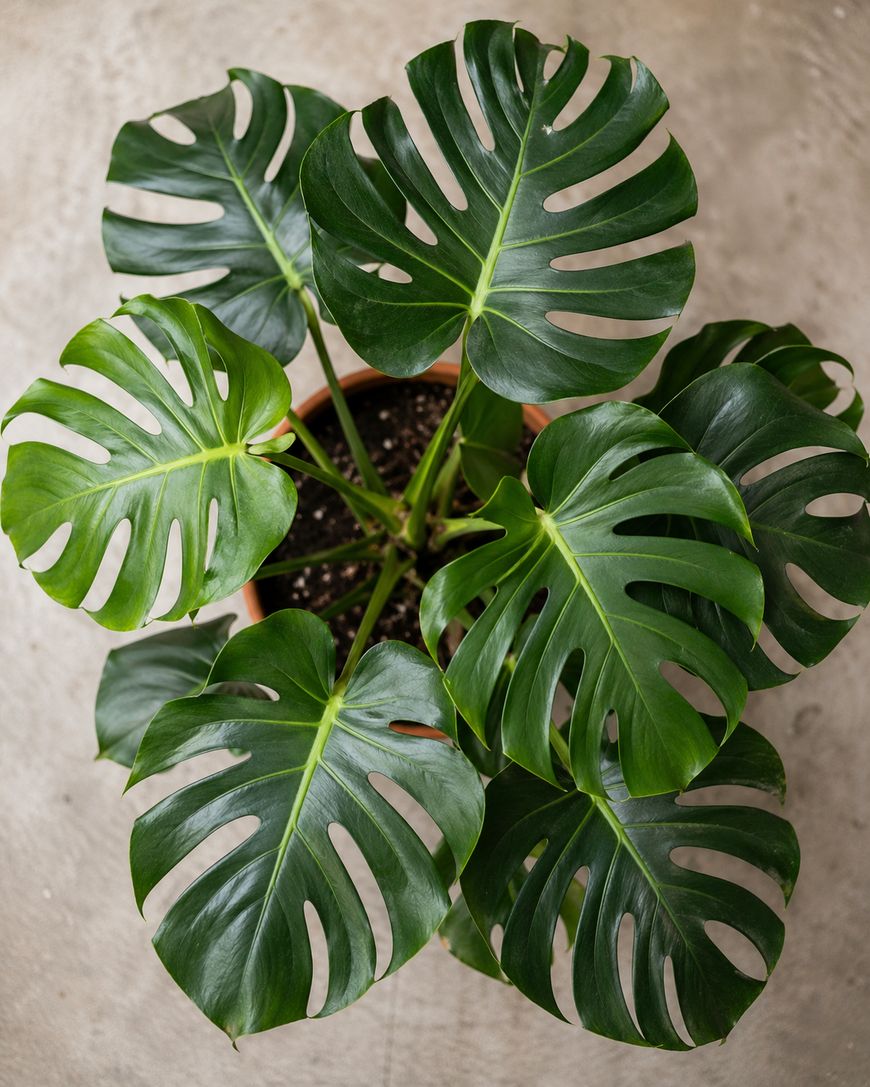 Top view of a potted Monstera plant with large, glossy green leaves featuring distinctive splits and holes, set against a light, neutral background.