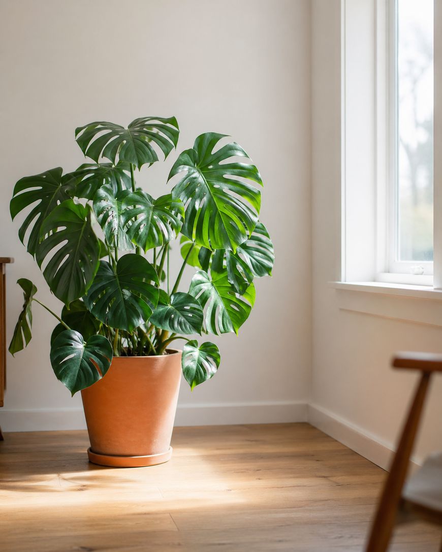 A large potted monstera plant with glossy, split leaves sits on a wooden floor near a sunlit window in a bright, minimalist room.