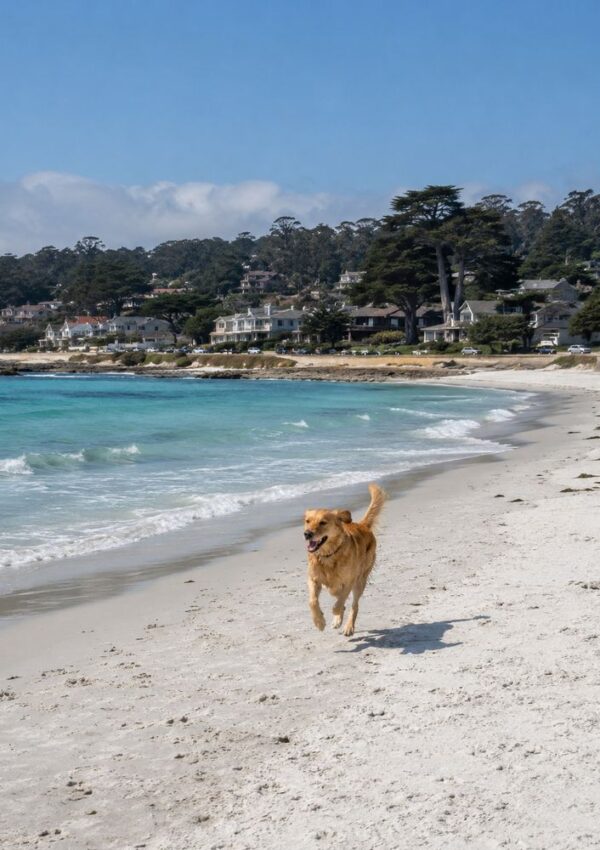 A golden retriever runs joyfully along a sandy beach with turquoise waves in Monterey, California—one of the top things to do according to any travel guide—with houses, trees, and blue sky in the background.