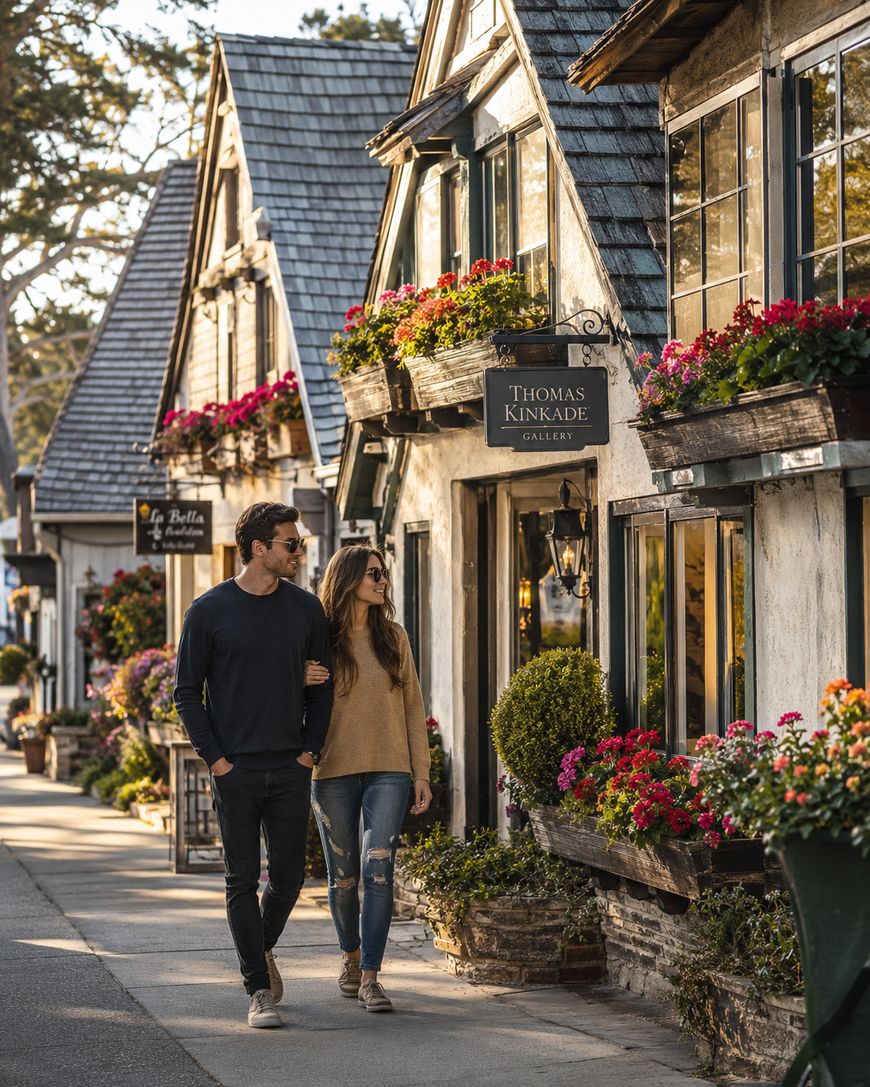 A couple walks along a charming street lined with quaint shops and colorful flower boxes under sunny skies, passing by the Thomas Kinkade Gallery.