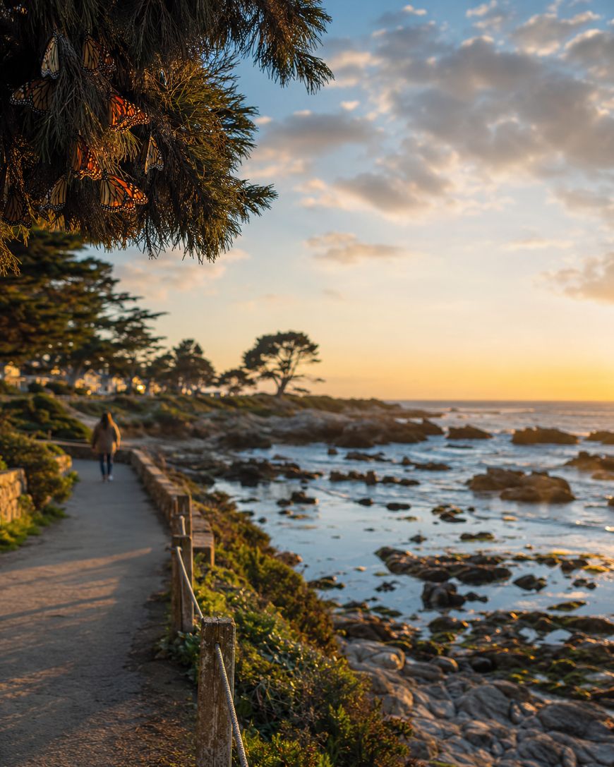 A person walks along a coastal path lined with trees and greenery at sunset, with rocky shoreline and calm ocean water under a partly cloudy sky.