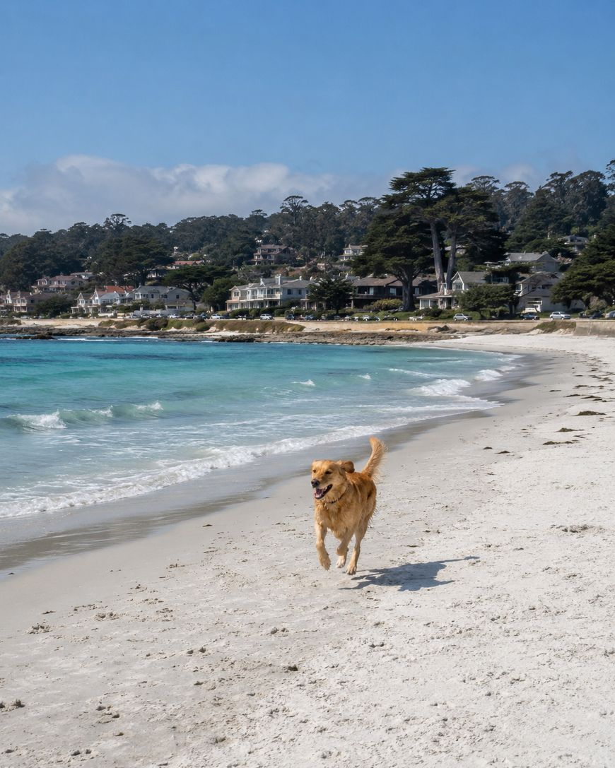 A golden retriever runs joyfully along a sandy beach near the shore, with waves crashing and a coastal town with trees and houses visible in the background under a blue sky.