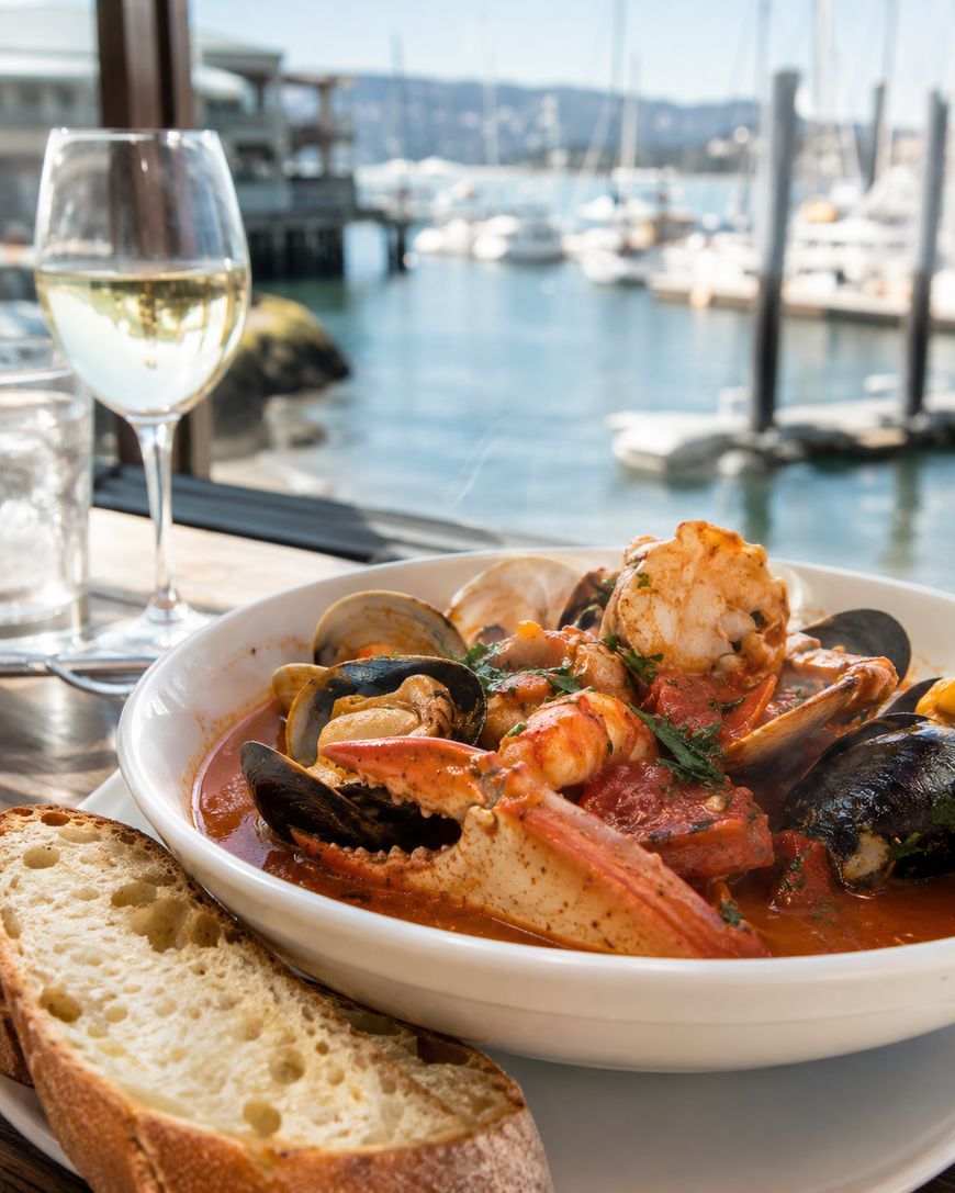 A bowl of seafood stew with crab, shrimp, mussels, and clams sits next to two slices of bread and a glass of white wine, with a marina and boats visible through the window in the background.