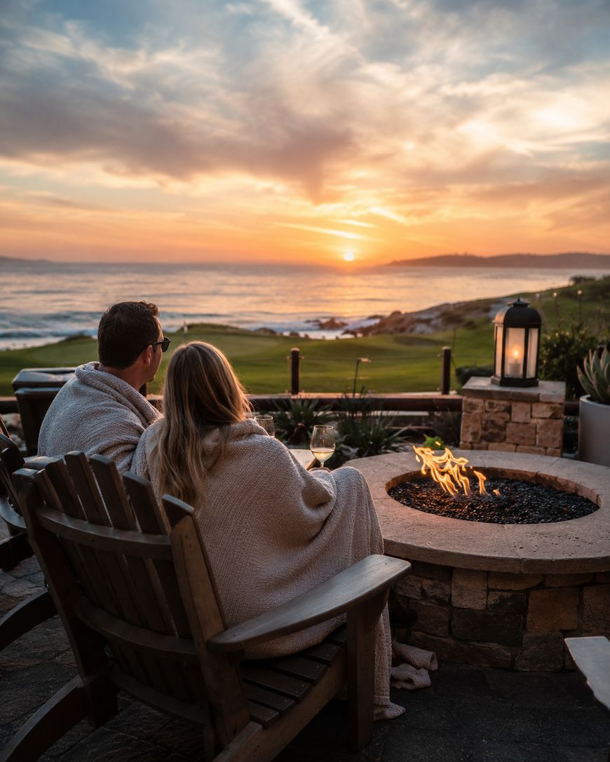 Two people wrapped in blankets sit in wooden chairs by a fire pit, watching a scenic ocean sunset with grassy land and lanterns nearby. The sky is colorful with clouds as the sun sets over the horizon.