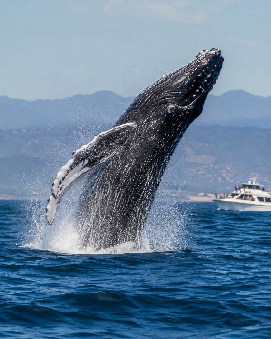 A humpback whale breaches out of the ocean, with water splashing around it. In the background, a boat with people is visible and mountains rise under a blue sky.
