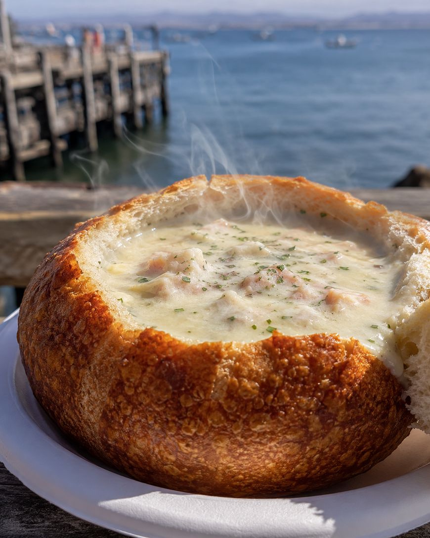 A steaming bread bowl filled with creamy clam chowder sits on a plate, with a pier and calm blue water in the background on a sunny day.