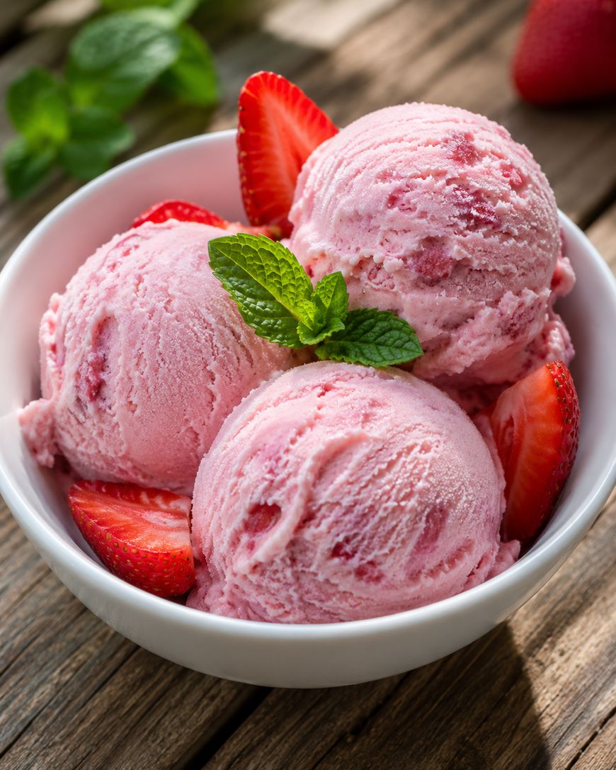 A white bowl with three scoops of strawberry ice cream, garnished with fresh strawberry slices and a sprig of mint, placed on a wooden surface.