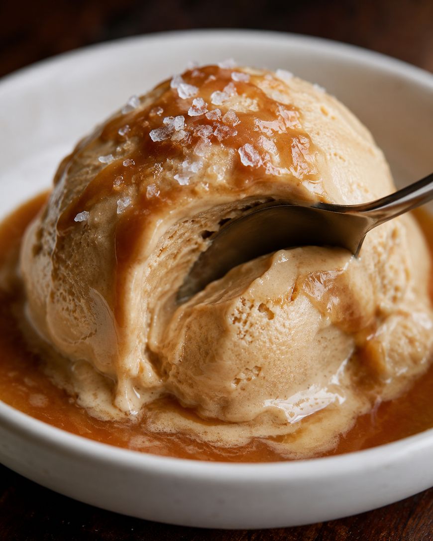 A close-up of a scoop of caramel ice cream in a white bowl, topped with caramel sauce and flaky sea salt, with a spoon taking a bite.