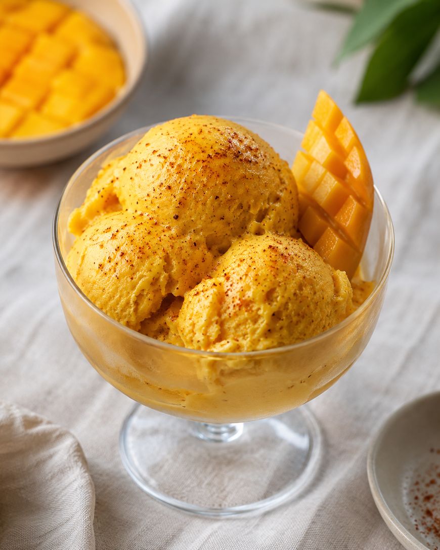 A glass dessert dish with three scoops of mango ice cream, garnished with chili powder and a fan of fresh mango slices. A bowl of diced mango is in the background on a light-colored tablecloth.
