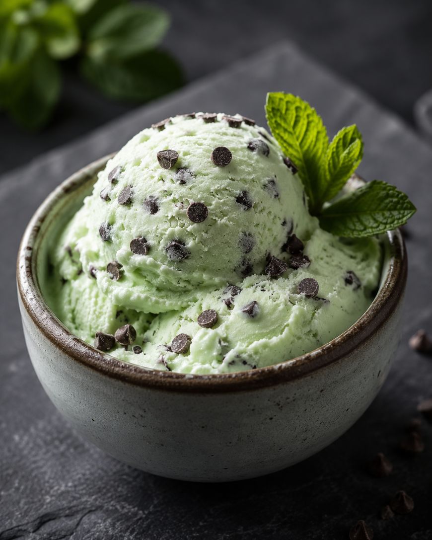 A bowl of mint chocolate chip ice cream garnished with fresh mint leaves, featuring pale green ice cream with chocolate chips, served in a ceramic bowl on a dark surface.