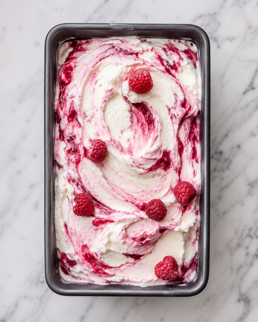 Rectangular pan filled with swirled raspberry and vanilla ice cream, topped with whole raspberries, on a white marble surface.