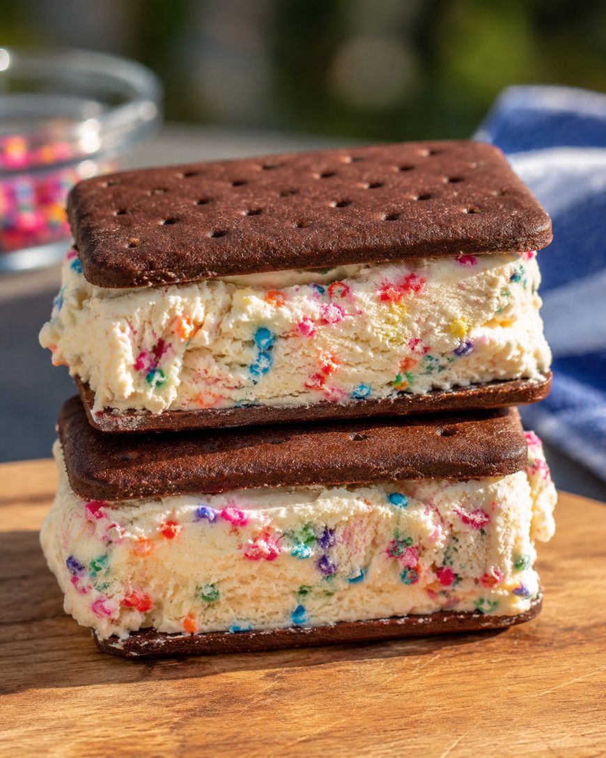 Two ice cream sandwiches with chocolate wafer cookies and colorful funfetti ice cream filling, stacked on a wooden surface with a blurred background.