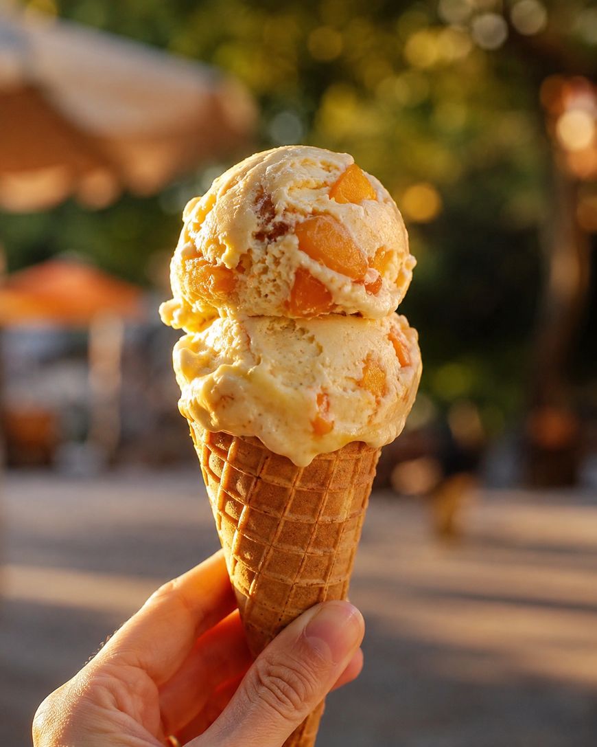 A hand holding a waffle cone with two scoops of peach ice cream, with chunks of peach visible, outdoors in warm sunlight with a blurred background.