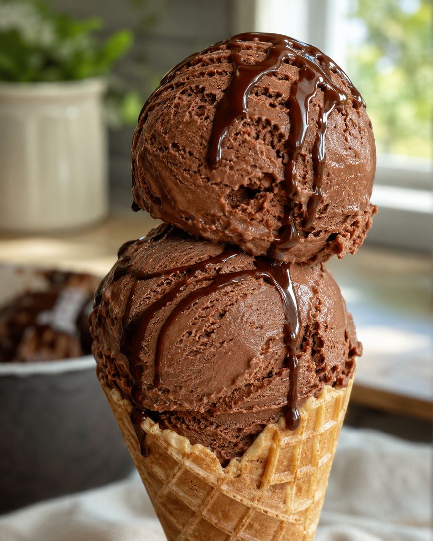Two scoops of chocolate ice cream in a waffle cone, topped with chocolate syrup, set indoors with natural light and a blurred background of a plant and window.