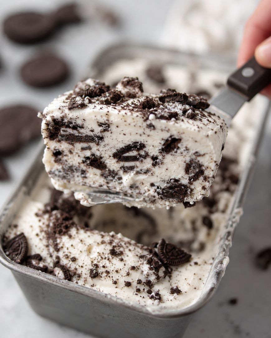 A close-up of a hand holding a spatula with a thick slice of cookies and cream ice cream, filled with crushed chocolate sandwich cookies, above a container of the same dessert. More cookies are scattered in the background.