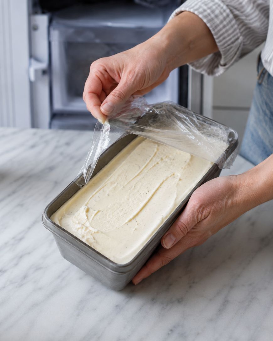 A person peels plastic wrap off a loaf pan filled with creamy vanilla ice cream on a marble countertop, with an open freezer visible in the background.
