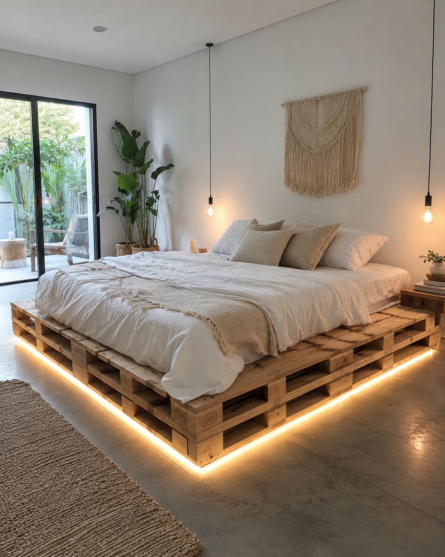 A modern bedroom features a bed made from wooden pallets with under-bed LED lighting, white bedding, beige pillows, hanging pendant lights, a woven wall hanging, and potted plants near large glass doors.