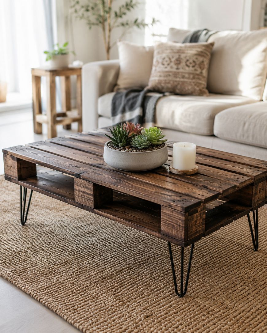 A rustic wooden pallet coffee table with metal hairpin legs sits on a woven rug in a cozy living room. The table holds a round planter with succulents and a white candle. A beige sofa and a side table are in the background.