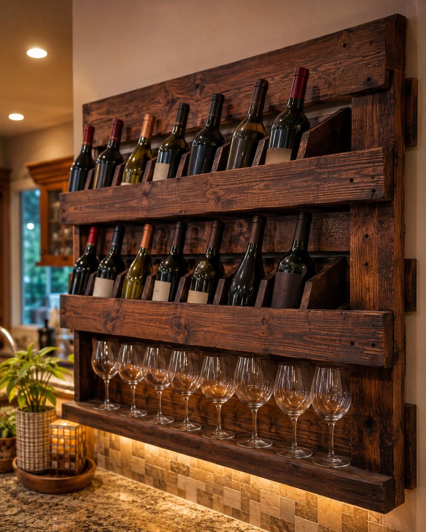 A rustic wooden wine rack mounted on a kitchen wall holds rows of wine bottles and several wine glasses, with warm lighting creating a cozy atmosphere. A plant and a decorative candle sit on the granite countertop below.