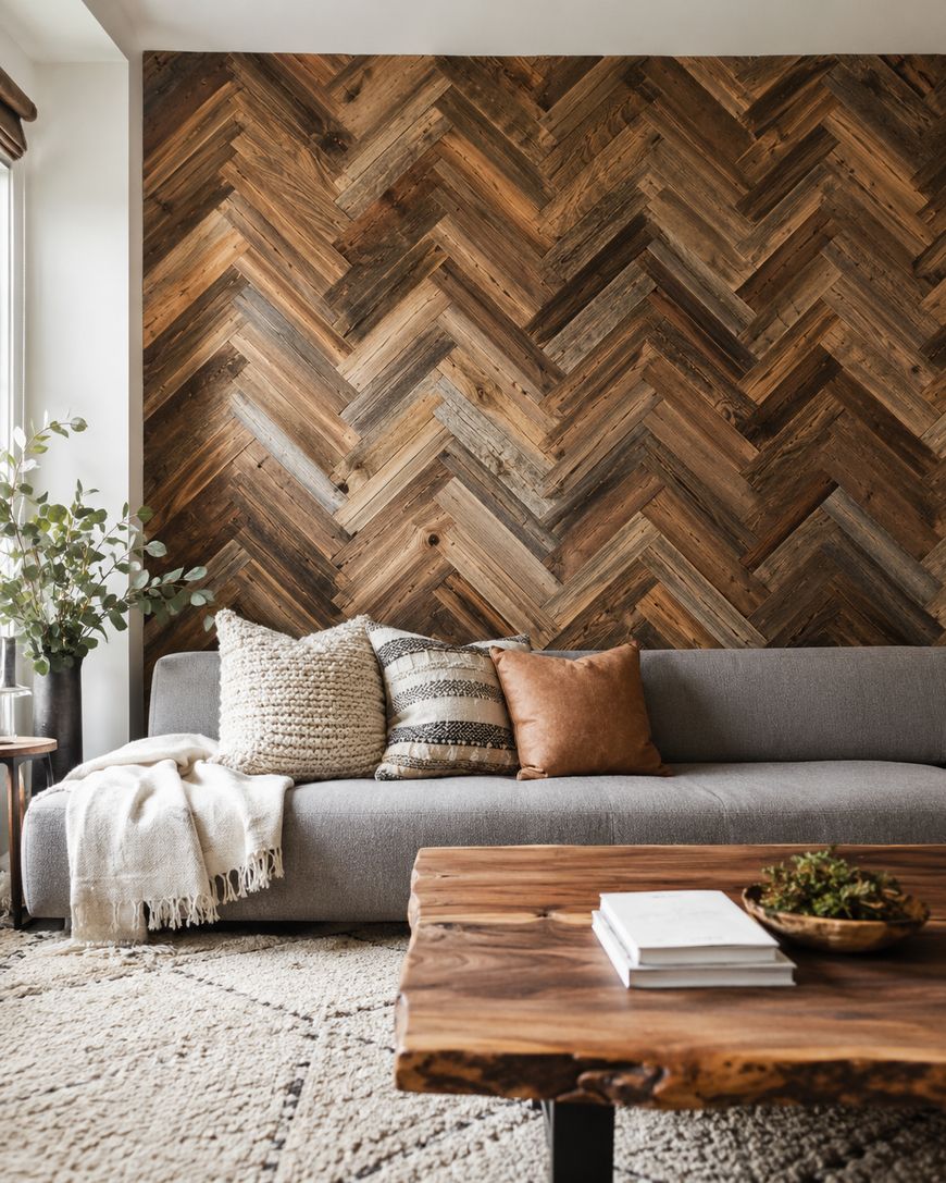 A modern living room with a gray sofa, textured pillows, a cozy throw, a rustic wooden coffee table, and a wall featuring a chevron-patterned wood design. A plant sits by the window, adding greenery to the space.