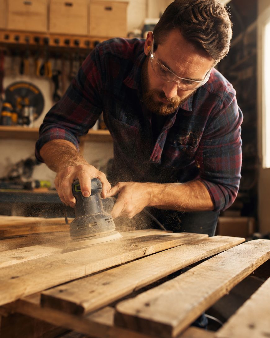 A man wearing safety glasses uses an electric sander to smooth wooden planks in a workshop, with sawdust in the air and tools visible in the background.
