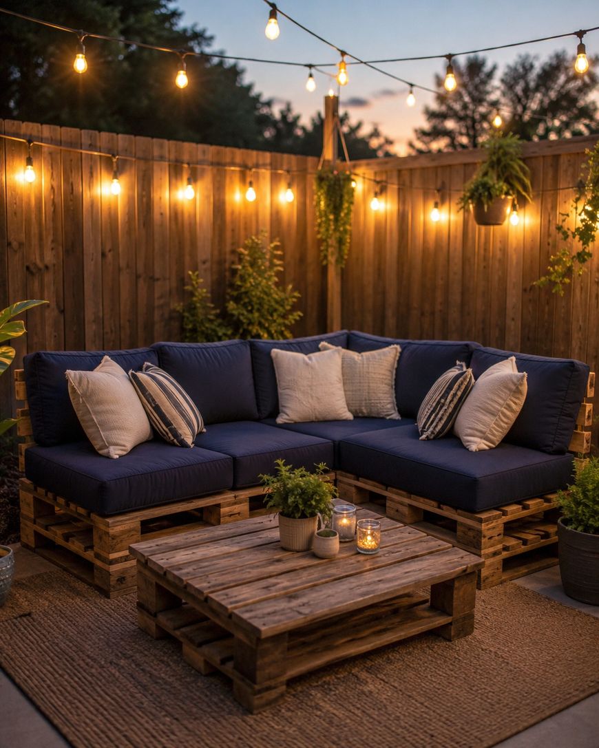A cozy patio features a sectional sofa made from wooden pallets with navy cushions and white pillows. String lights hang above, and potted plants and candles create a warm, inviting atmosphere at sunset.
