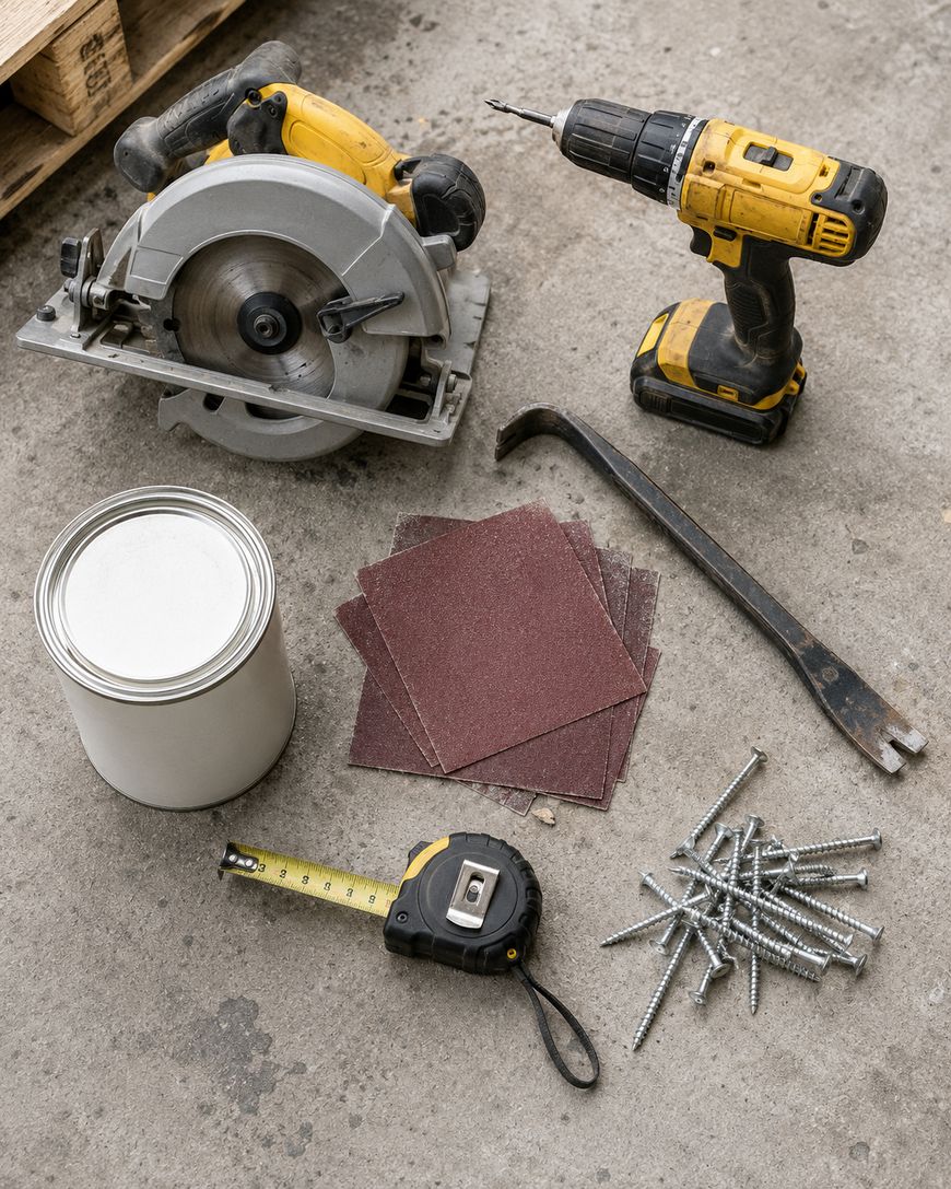A top-down view of construction tools and materials on concrete, including a circular saw, cordless drill, crowbar, can of paint, tape measure, sandpaper sheets, and a pile of screws.