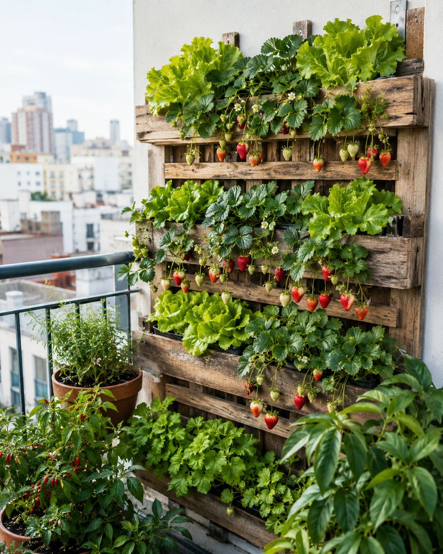 A vertical garden made from wooden pallets grows lettuce, strawberries, and herbs on a balcony, with city buildings visible in the background. Potted plants are placed on the balcony floor and rail.