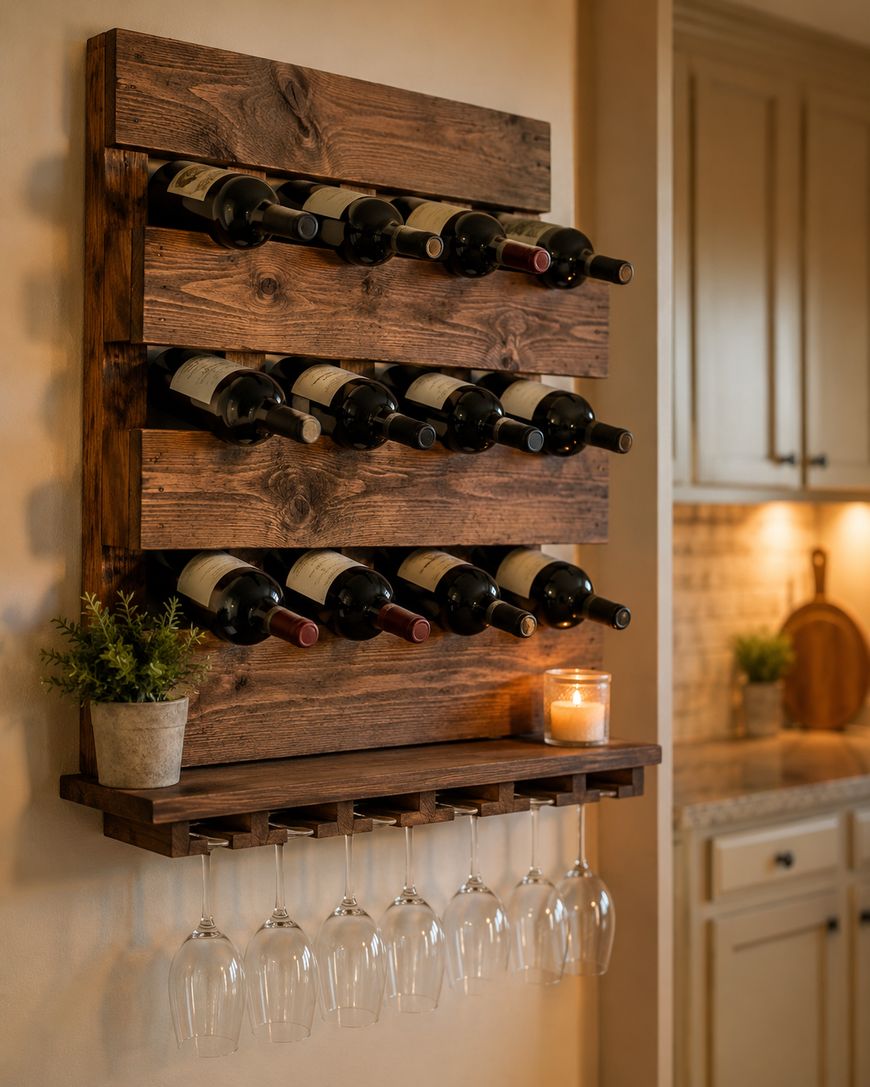 A wooden wall-mounted wine rack holds multiple wine bottles and hanging wine glasses. A small potted plant and a lit candle sit on the shelf beneath the bottles. The rack is in a warmly lit kitchen.