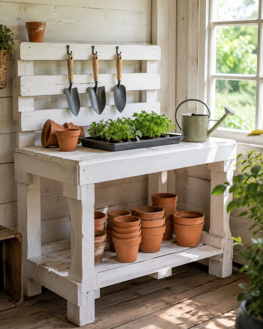 A white wooden potting bench with gardening tools, potted herbs, terracotta pots, and a metal watering can sits by a bright window in a sunlit room with wooden floors.
