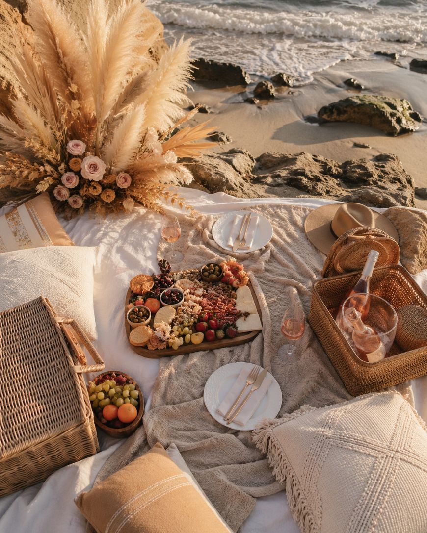 A cozy beach picnic setup on a sandy shore with blankets, woven baskets, pillows, a charcuterie board with fruits and snacks, plates, wine glasses, and pampas grass decor, with waves and rocks in the background.