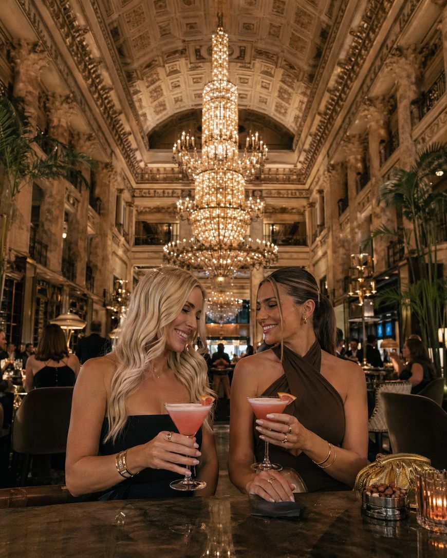 Two women in elegant dresses sit at a lavish restaurant table, smiling and holding pink cocktails. A grand chandelier and ornate decor with high ceilings and marble columns surround them, creating a luxurious atmosphere.
