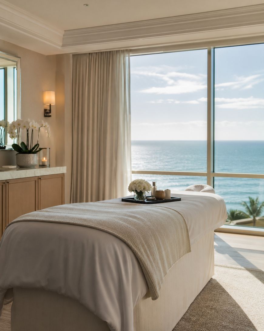 A spa treatment room with a neatly made massage table faces large windows offering a scenic ocean view. Sunlight fills the room, and a tray with flowers and towels sits atop the table.