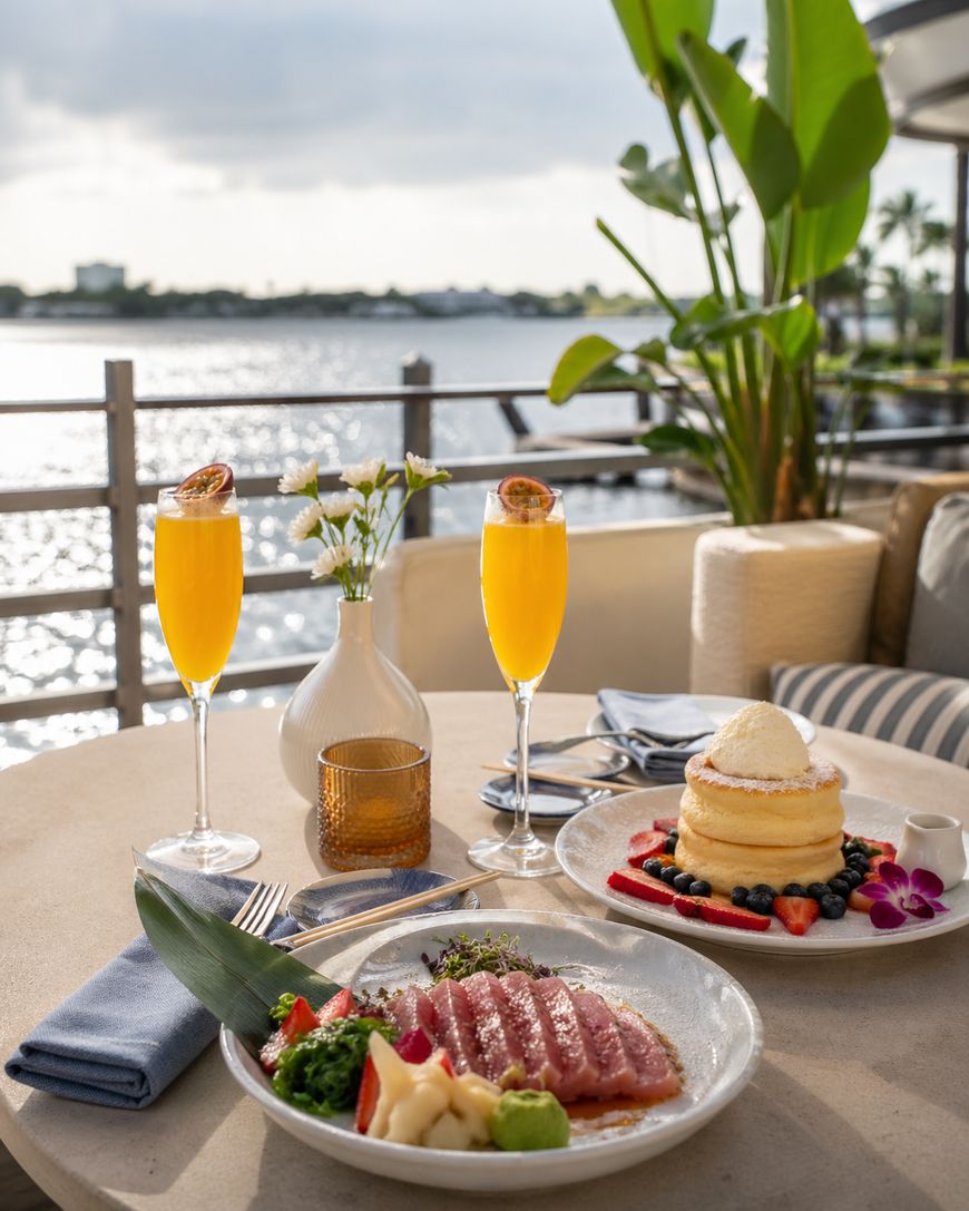 A waterfront table with two orange cocktails, a stack of pancakes garnished with berries and flowers, and a plate of sliced seared tuna with garnish, set for two. Sunlight reflects on the water in the background.