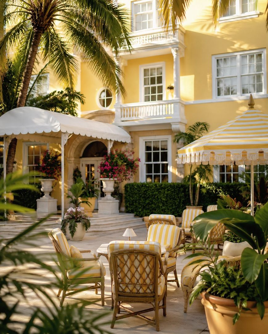 Sunny courtyard with yellow-striped chairs and umbrellas, surrounded by lush green plants. The backdrop is a bright yellow building with white trim, large windows, and balconies, creating an inviting, tropical atmosphere.