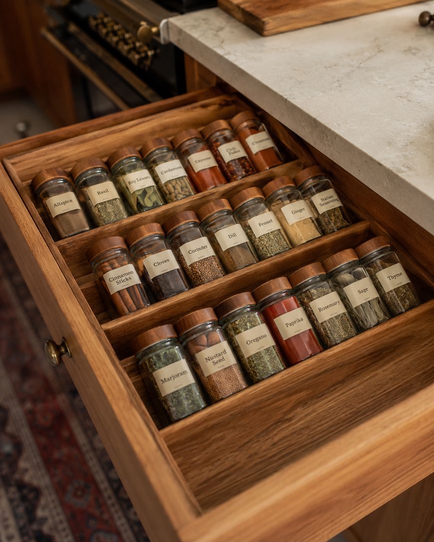 A wooden kitchen drawer neatly organized with labeled glass jars of various spices, arranged in rows on a slanted wooden rack beneath a countertop.