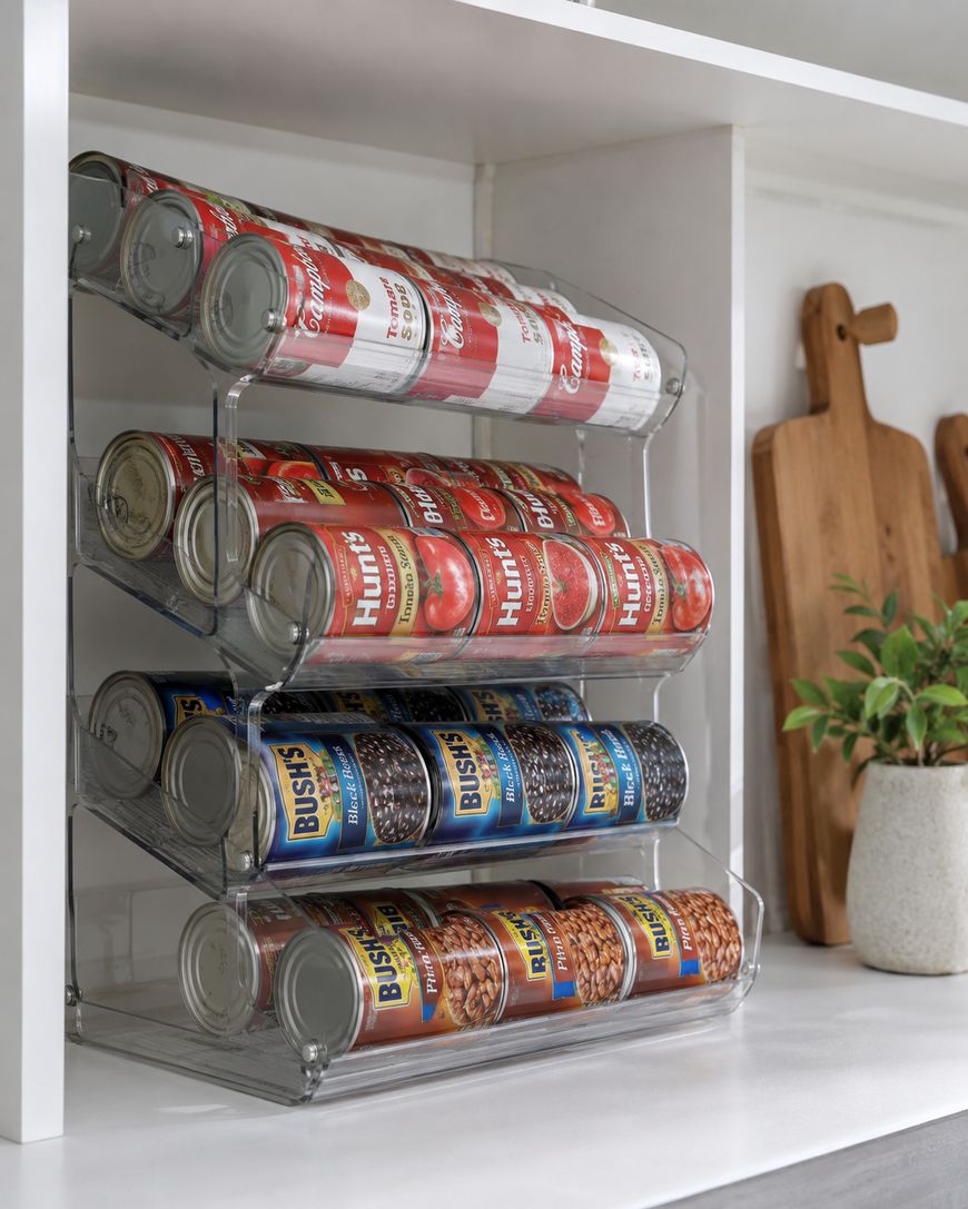 A clear plastic can organizer on a kitchen counter, holding rows of canned goods including tomato soup, tomato sauce, black beans, and baked beans, with wooden cutting boards and a potted plant in the background.