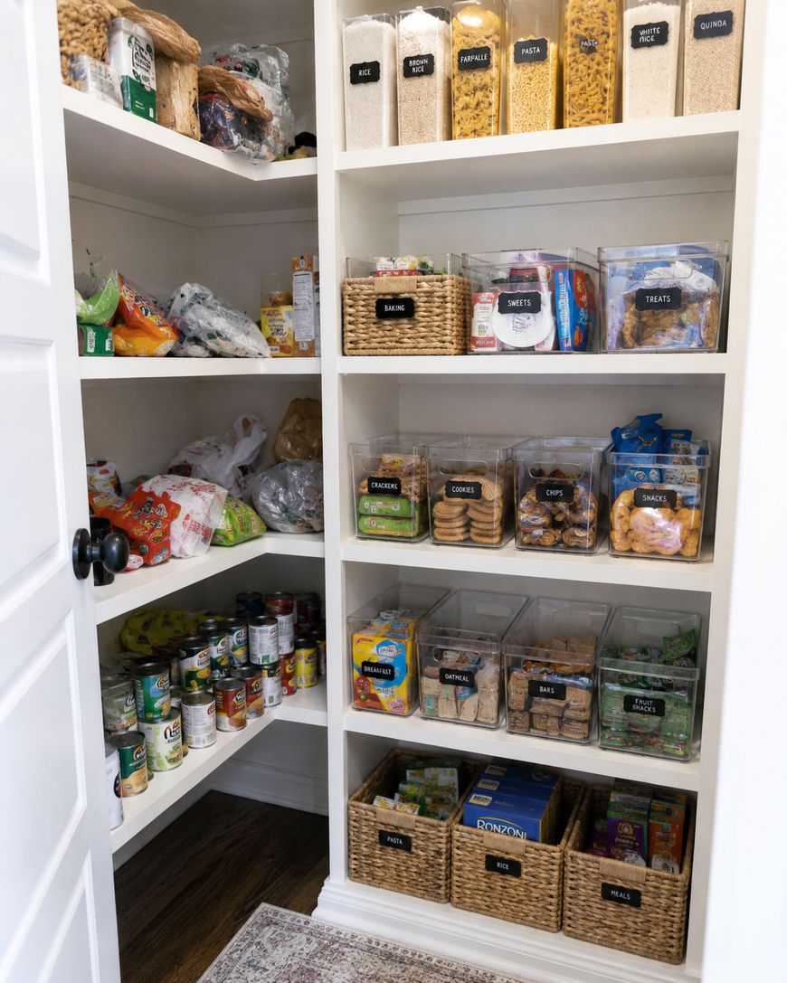 A neatly organized pantry with labeled containers of pasta, rice, snacks, cookies, and canned goods on white shelves. Wicker baskets and clear bins hold various food items, creating an orderly and tidy appearance.