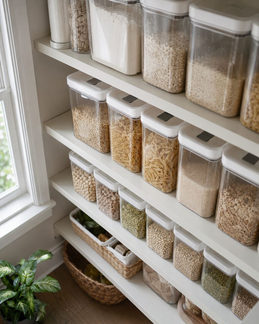 Clear containers filled with dry goods like pasta, grains, and beans are neatly organized on white pantry shelves near a window, with baskets on the bottom shelf and a green plant nearby.
